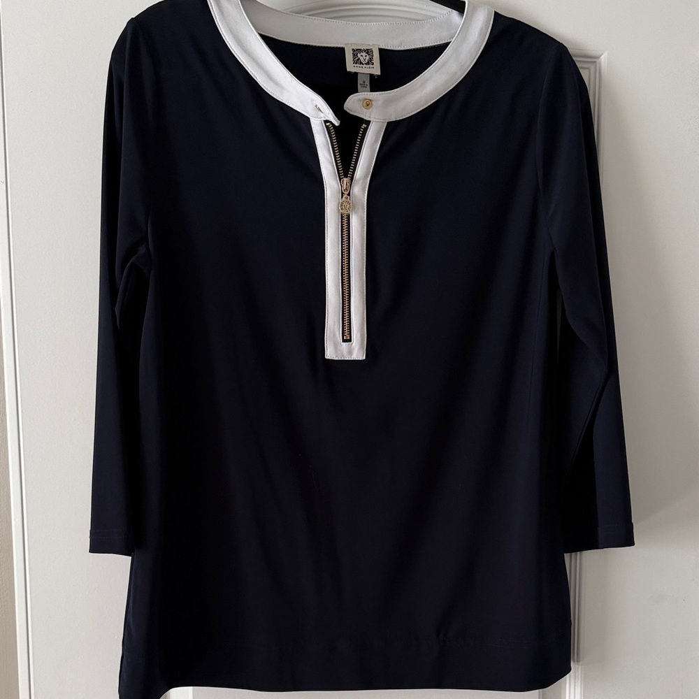 ✨ Sail to Sable Inspired Anne Klein Navy Zip Trim Tunic Top Sz M